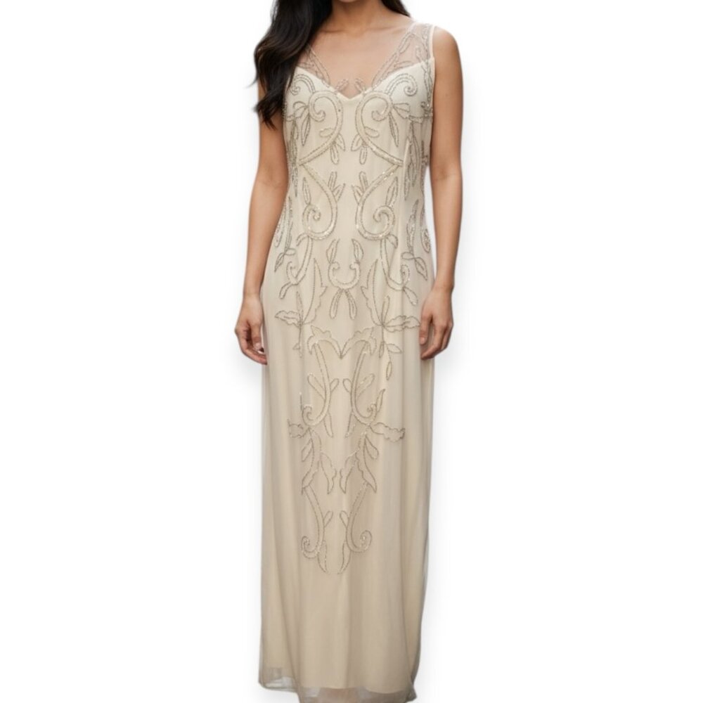 Papell Studio Women's 8 Beaded Mesh Overlay Evening Gown Formal Maxi Dress Nude